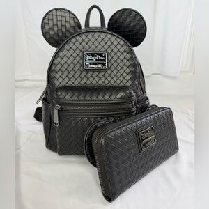 Disney Loungefly Black Woven Mickey Ear Mini Backpack & Wallet Set